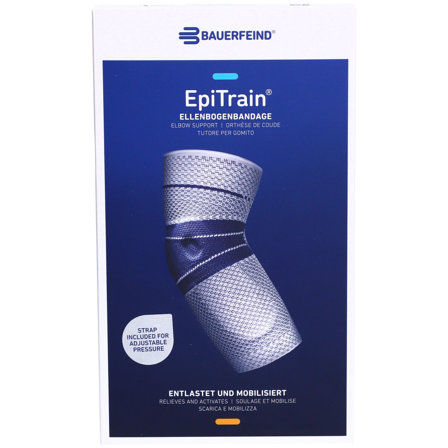 Bauerfeind EpiTrain Ellenbogenbandage in Verpackung. Blau-weißes Design. Text: Entlastet und mobilisiert. Strap für Druck.