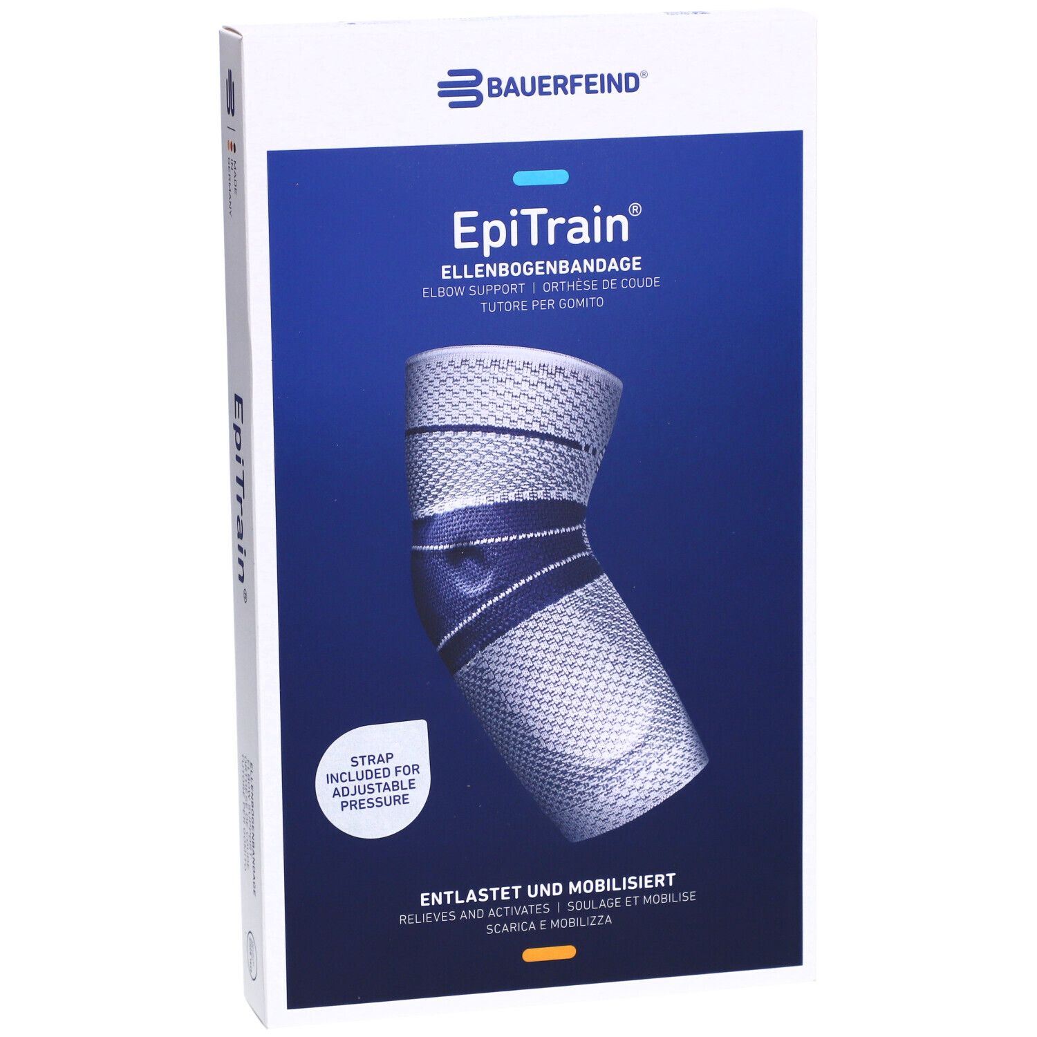 Bauerfeind EpiTrain Ellenbogenbandage in Verpackung. Produktansicht. Text: Entlastet und mobilisiert. Strap für Druck.
