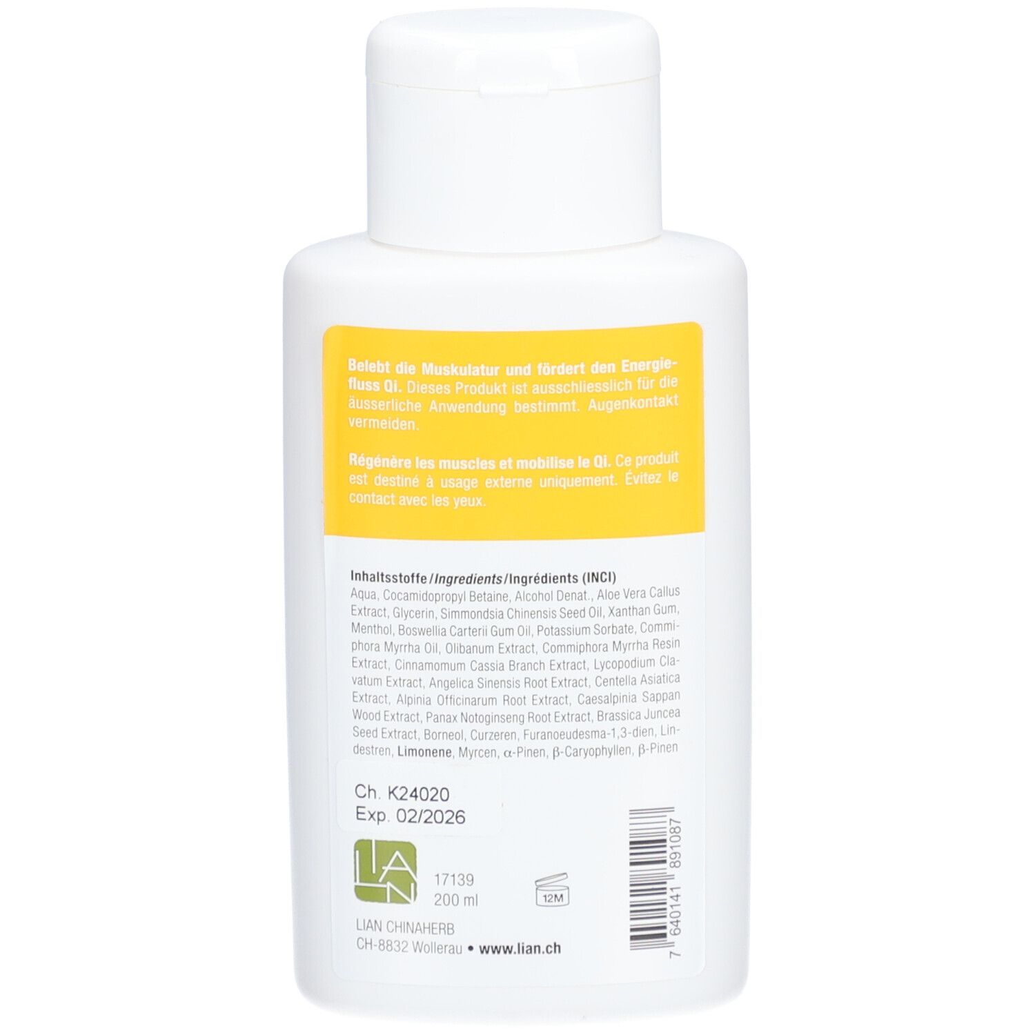 Rückseite der weißen Flasche. Text: Inhaltsstoffe, Gebrauchsanweisung, Chargennummer, Verfallsdatum, Logo. 200 ml.