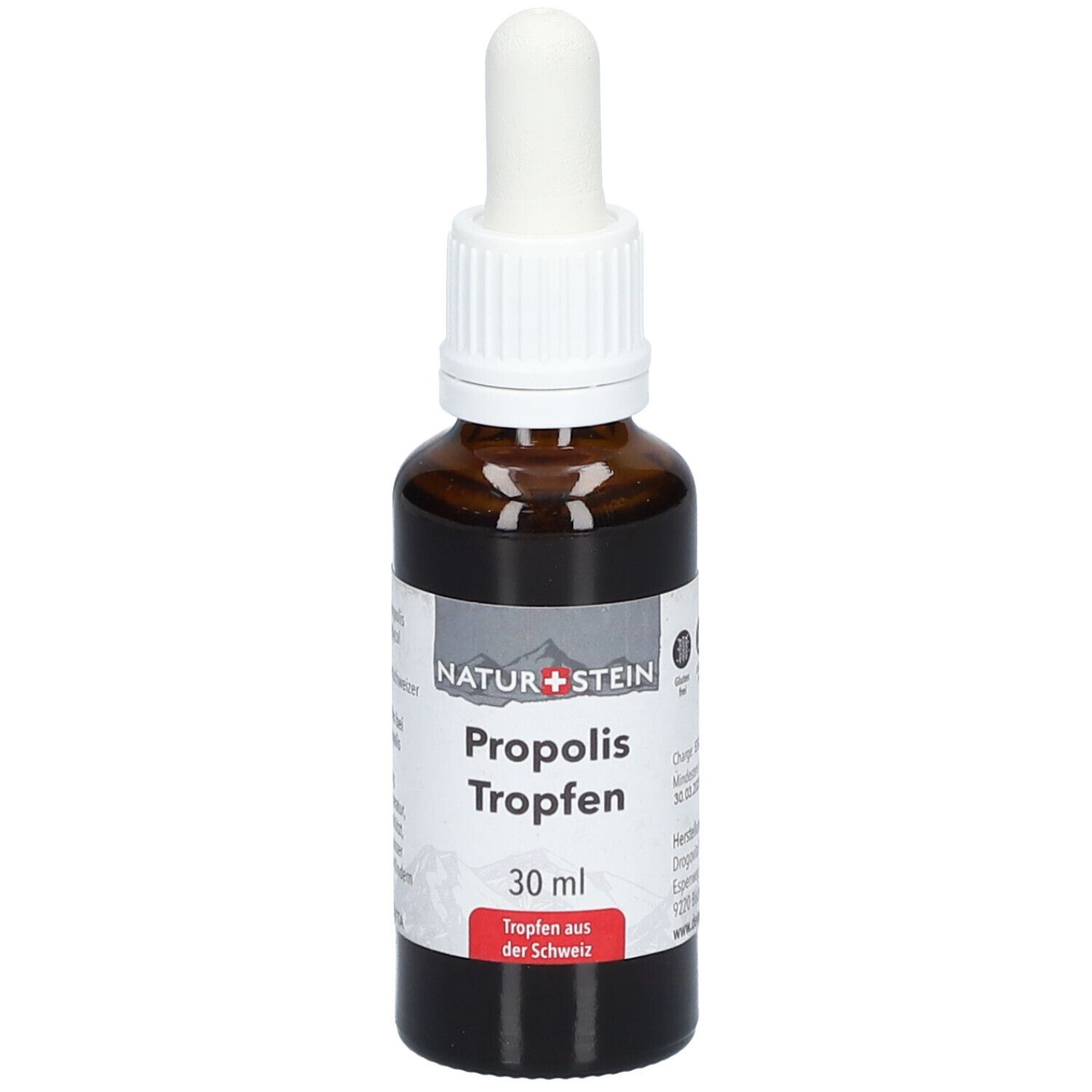 Braune Glasflasche mit weißem Tropfer. Etikett mit "NATURSTEIN Propolis Tropfen". 30 ml.