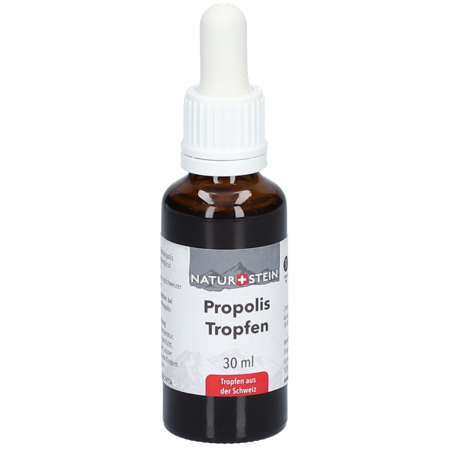 Braune Glasflasche mit weißem Tropfer. Etikett mit "NATURSTEIN Propolis Tropfen". 30 ml. Roter Streifen.