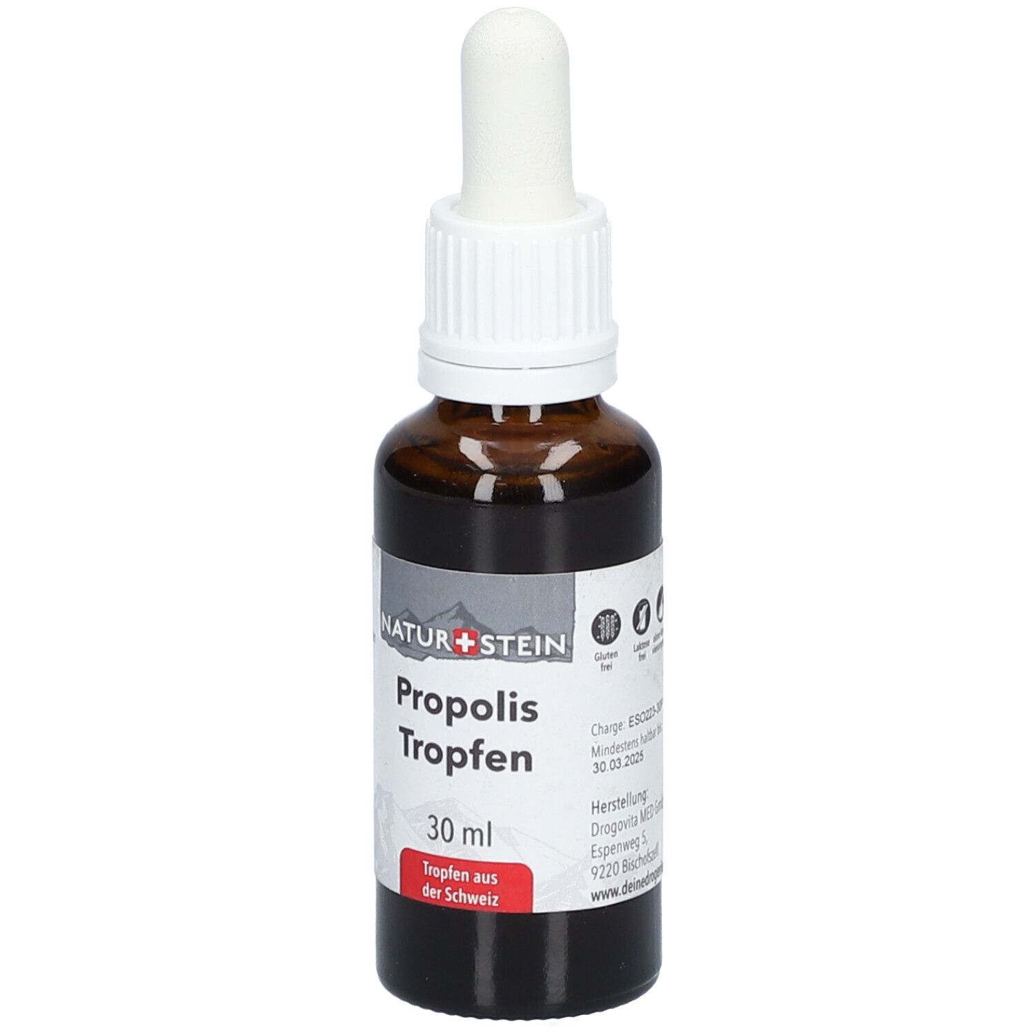 Braune Glasflasche mit weißem Tropfer. Etikett mit "NATURSTEIN Propolis Tropfen". 30 ml. Chargennummer.