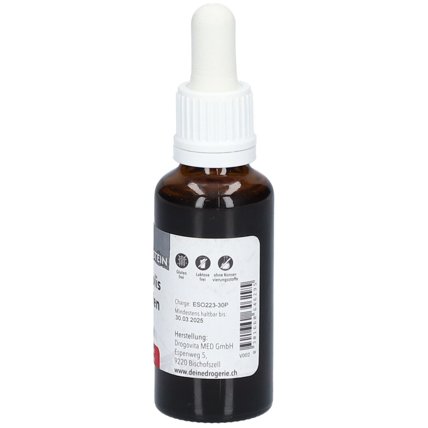 Braune Glasflasche mit weißem Tropfer. Etikett mit "NATURSTEIN Propolis Tropfen". 30 ml. Chargennummer und Logos.
