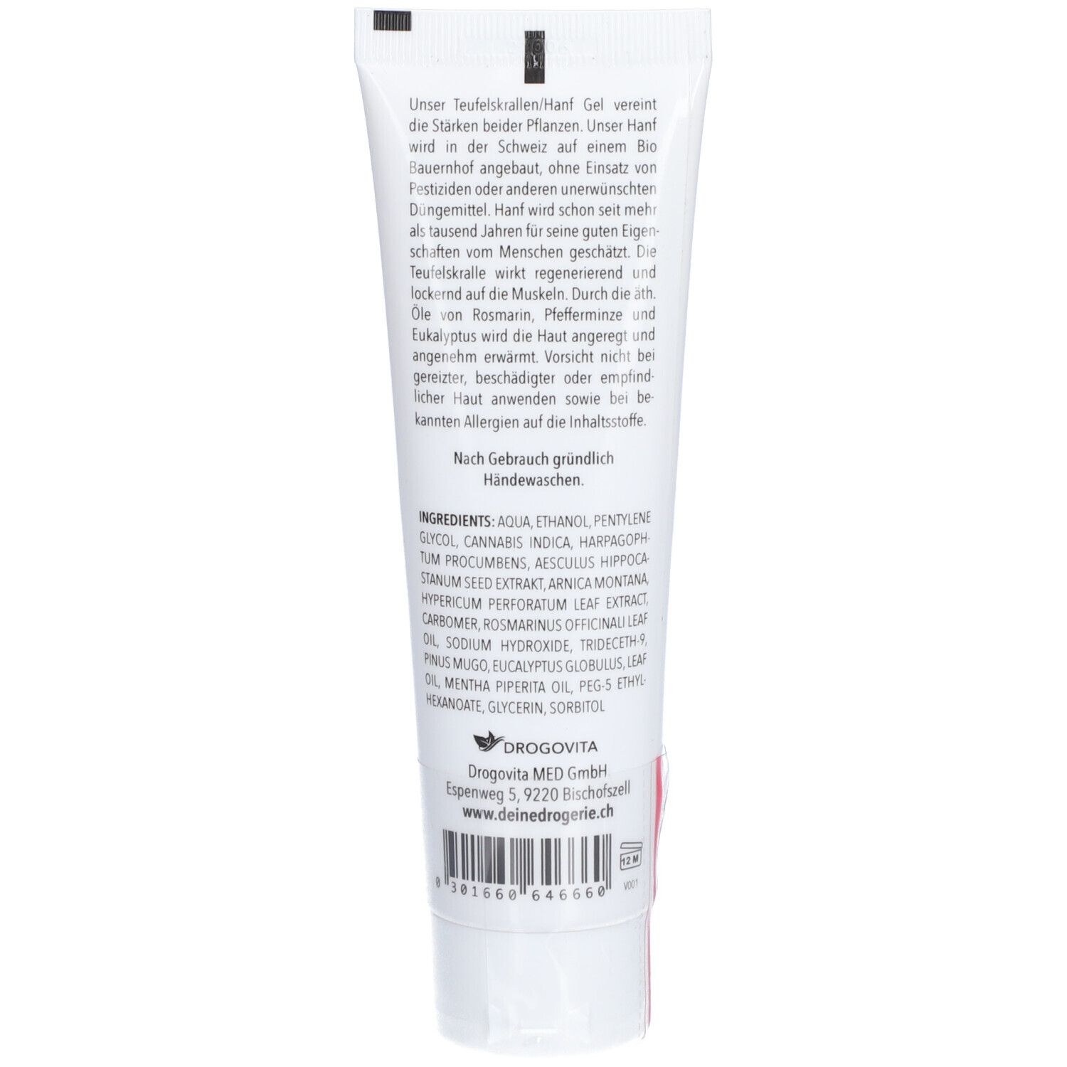 Rückseite der Tube. Text mit Inhaltsstoffen und Herstellerangaben. Barcode.