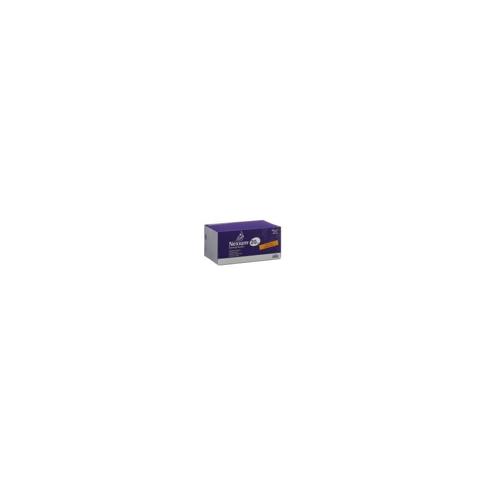 Karton mit NEXIUM Mups Tabl 20 mg. Lila und weißes Design. Text: NEXIUM, 20 mg, 100 Stk. Gelber Streifen.