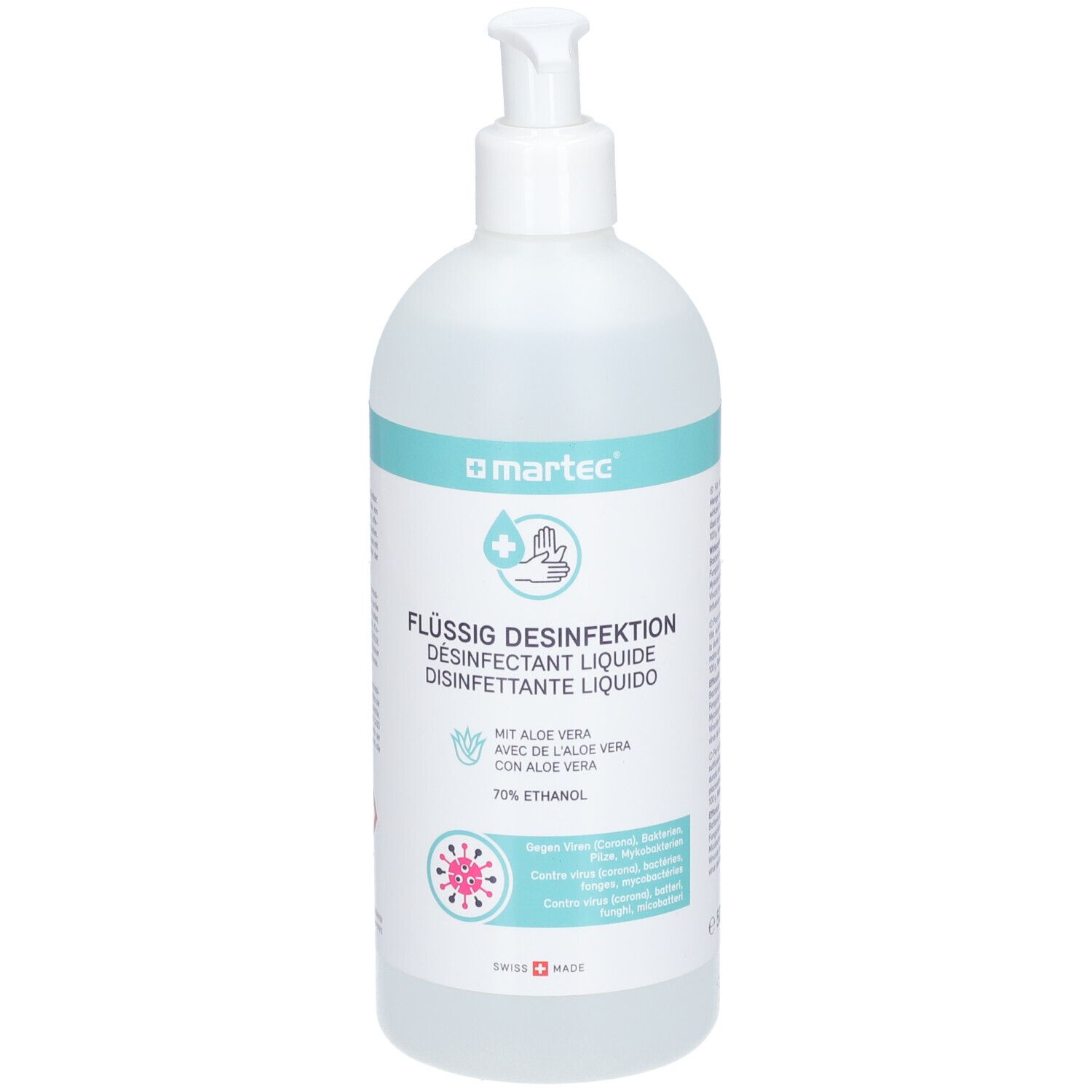 Flacon blanc avec étiquette bleue. Inscription: Désinfection liquide, avec Aloe Vera, 70% éthanol. Logo: Martec.