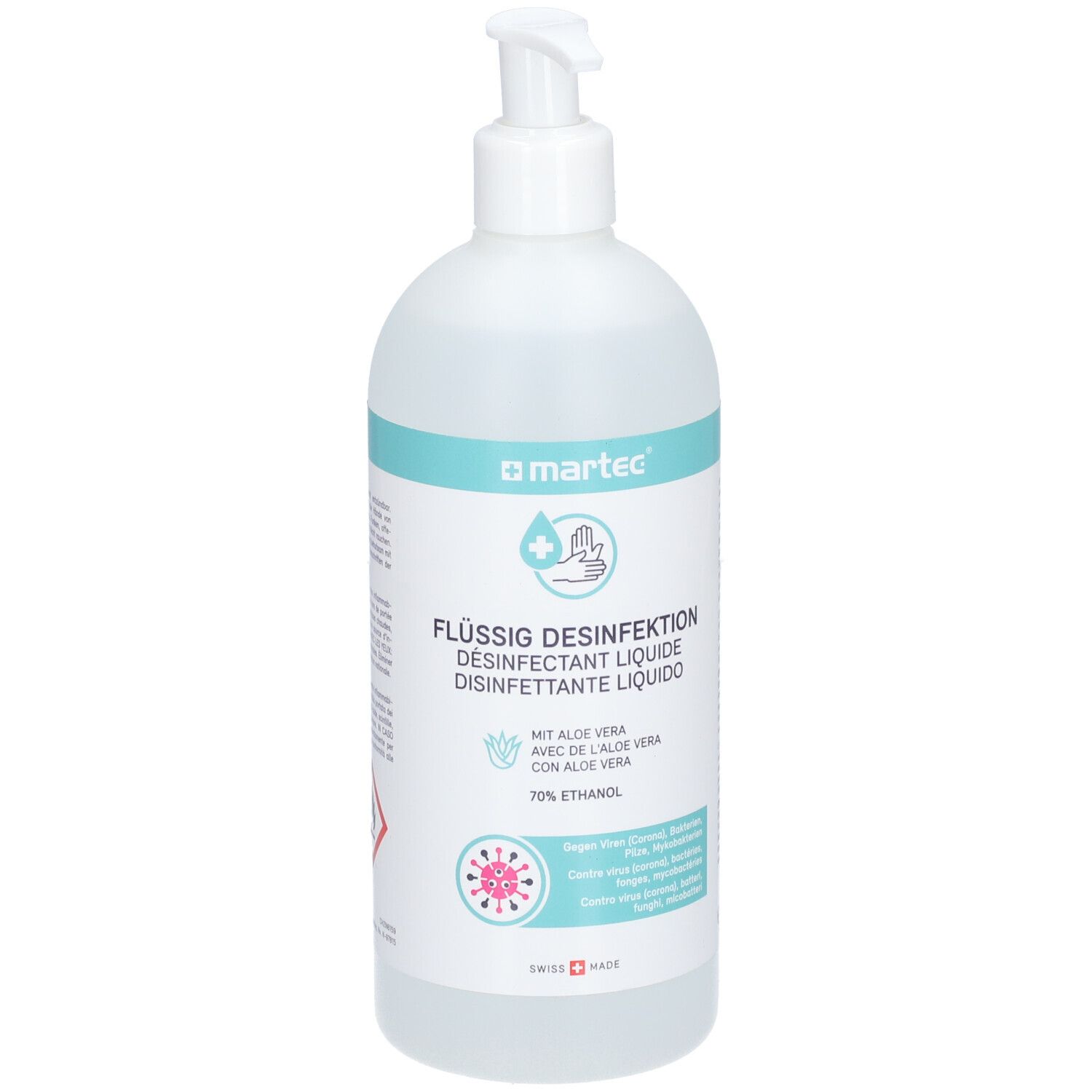 Flacon blanc avec étiquette bleue. Inscription: Désinfection liquide, avec Aloe Vera, 70% éthanol. Logo: Martec.