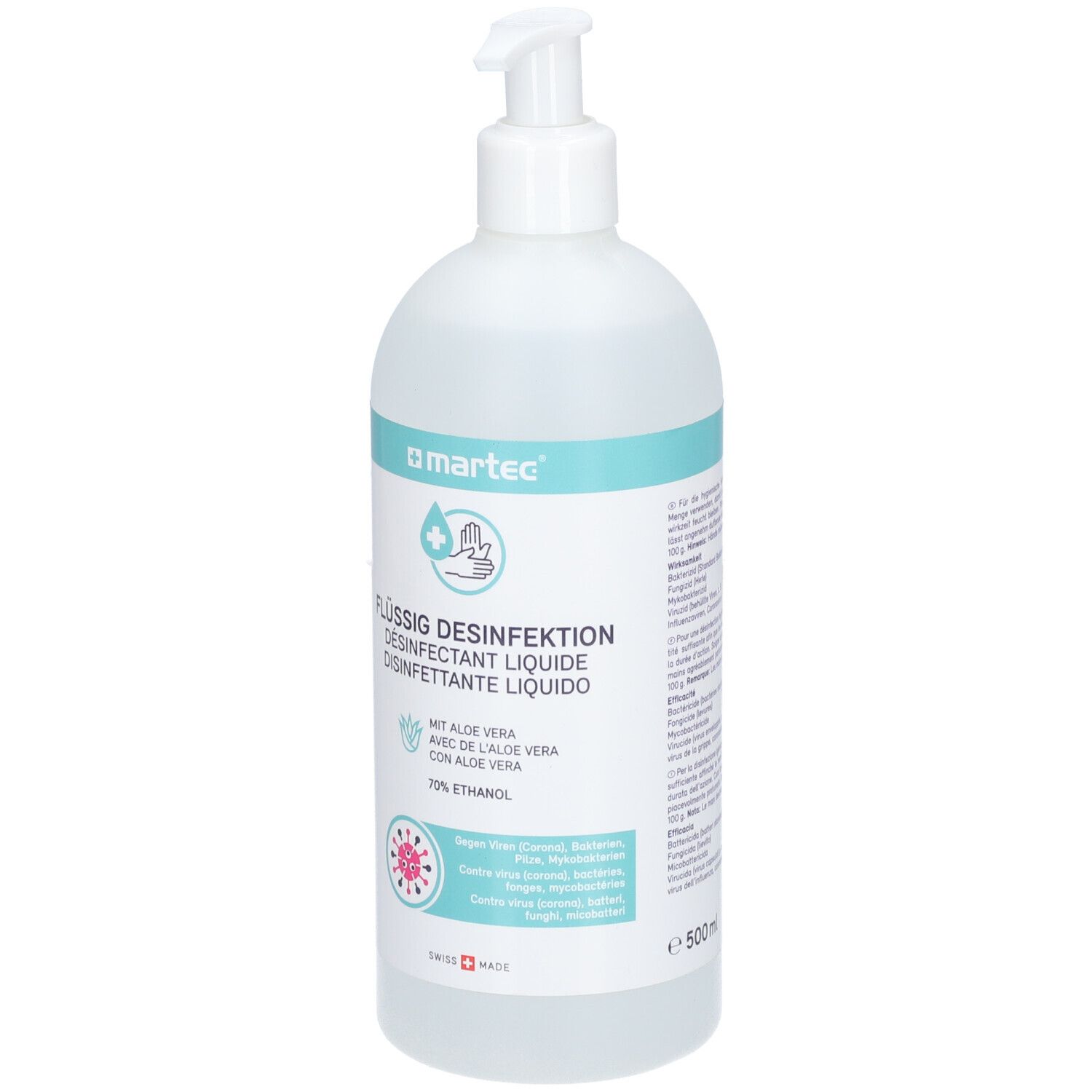 Flacon blanc avec étiquette bleue. Inscription: Désinfection liquide, avec Aloe Vera, 70% éthanol. Logo: Martec. Volume: 500ml.