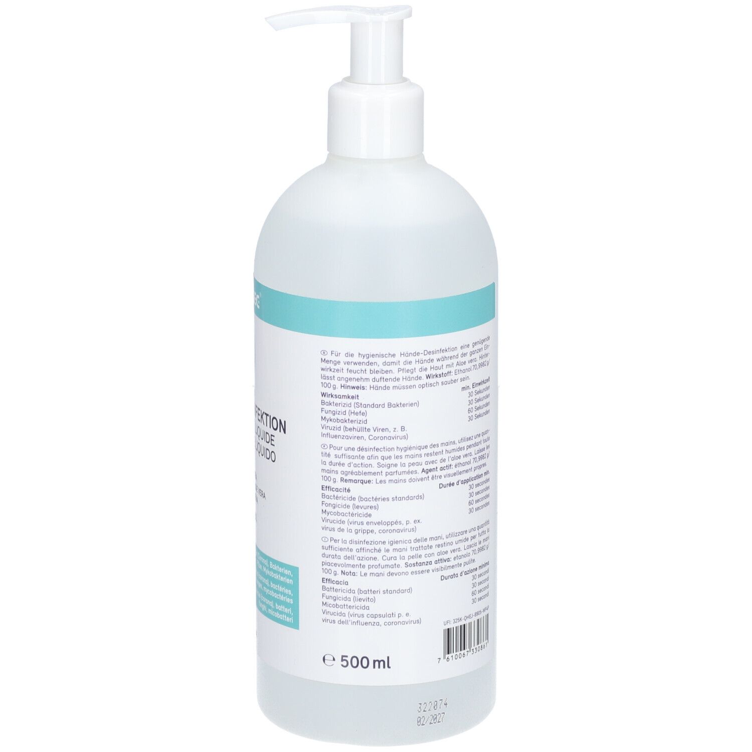 Flacon blanc, dos avec texte. Contient des informations sur l'utilisation et les ingrédients. Volume: 500ml.
