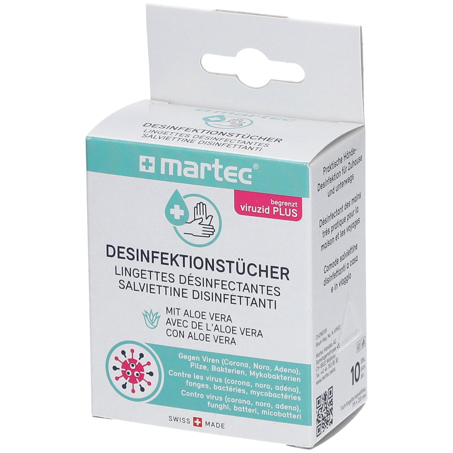 Verpackung Desinfektionstücher. Marke: martec. Text: Desinfektionstücher mit Aloe Vera. Enthält Informationen zu Viren und Bakterien.