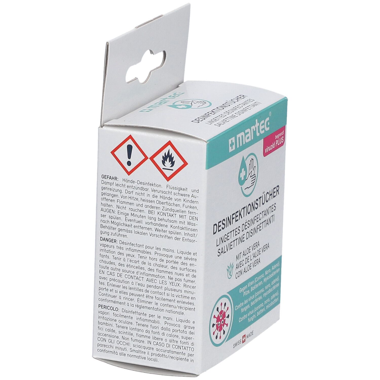 Verpackung Desinfektionstücher. Marke: martec. Rückseite mit Warnhinweisen und Inhaltsangaben. Enthält Aloe Vera.