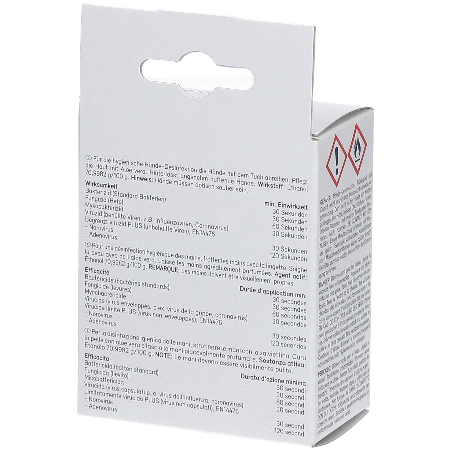 Rückseite der Verpackung. Text: Anwendung, Wirkstoffe, Wirkungsdauer. Enthält Informationen zu Bakterien, Viren und Pilzen.