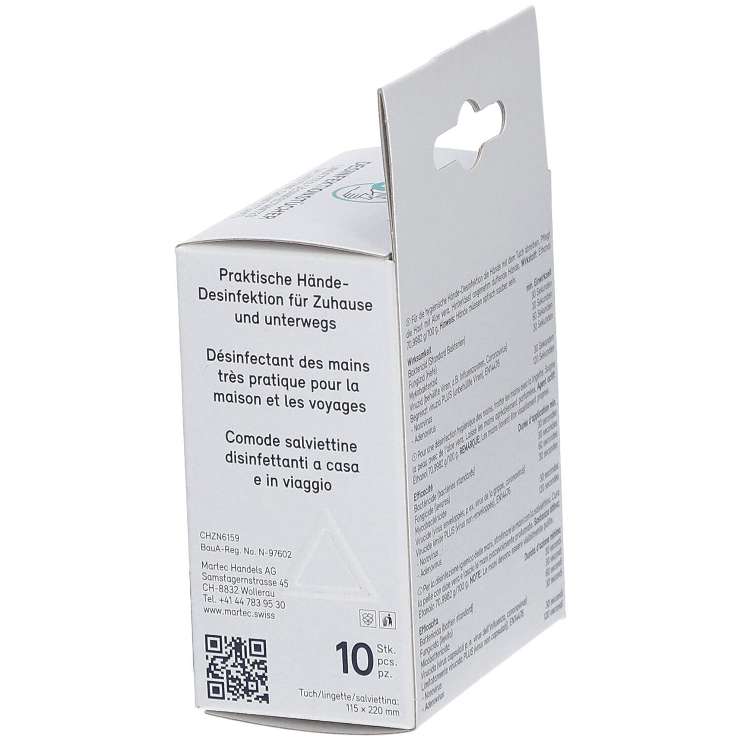 Verpackung Desinfektionstücher. Text: Praktische Hände-Desinfektion für Zuhause und unterwegs. 10 Stück.