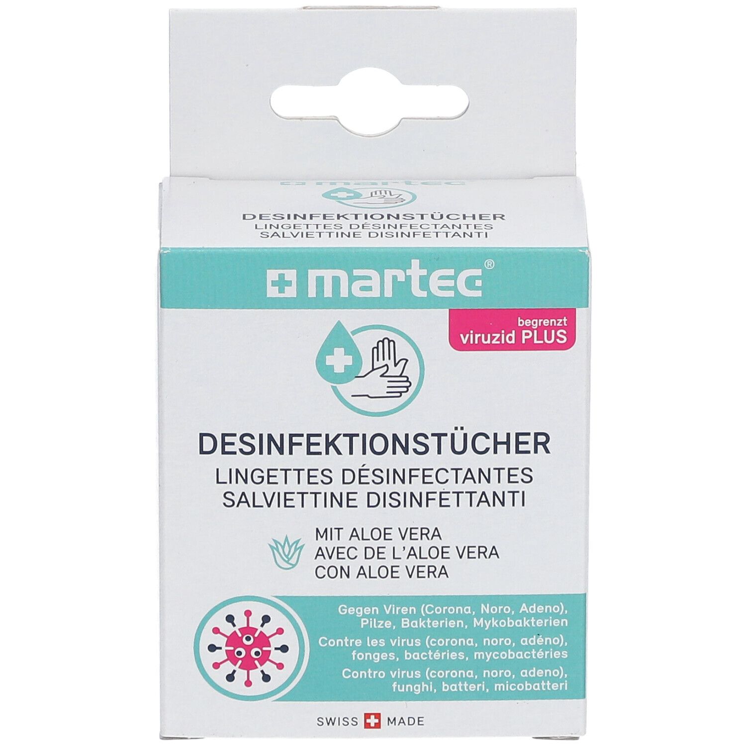 Verpackung Desinfektionstücher. Marke: martec. Text: Desinfektionstücher mit Aloe Vera. Gegen Viren, Bakterien und Pilze.