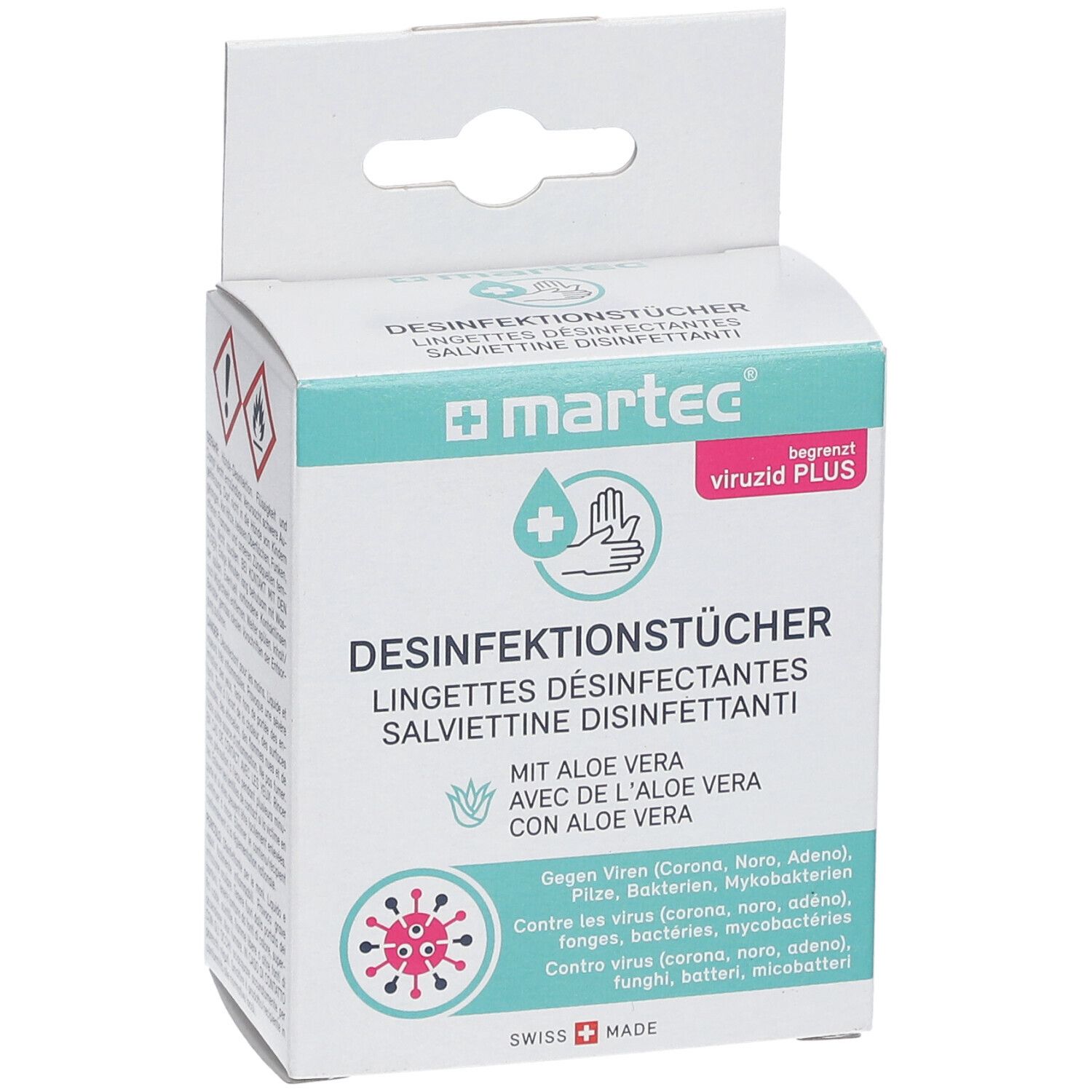Verpackung Desinfektionstücher. Marke: martec. Text: Desinfektionstücher mit Aloe Vera. Gegen Viren, Bakterien und Pilze.