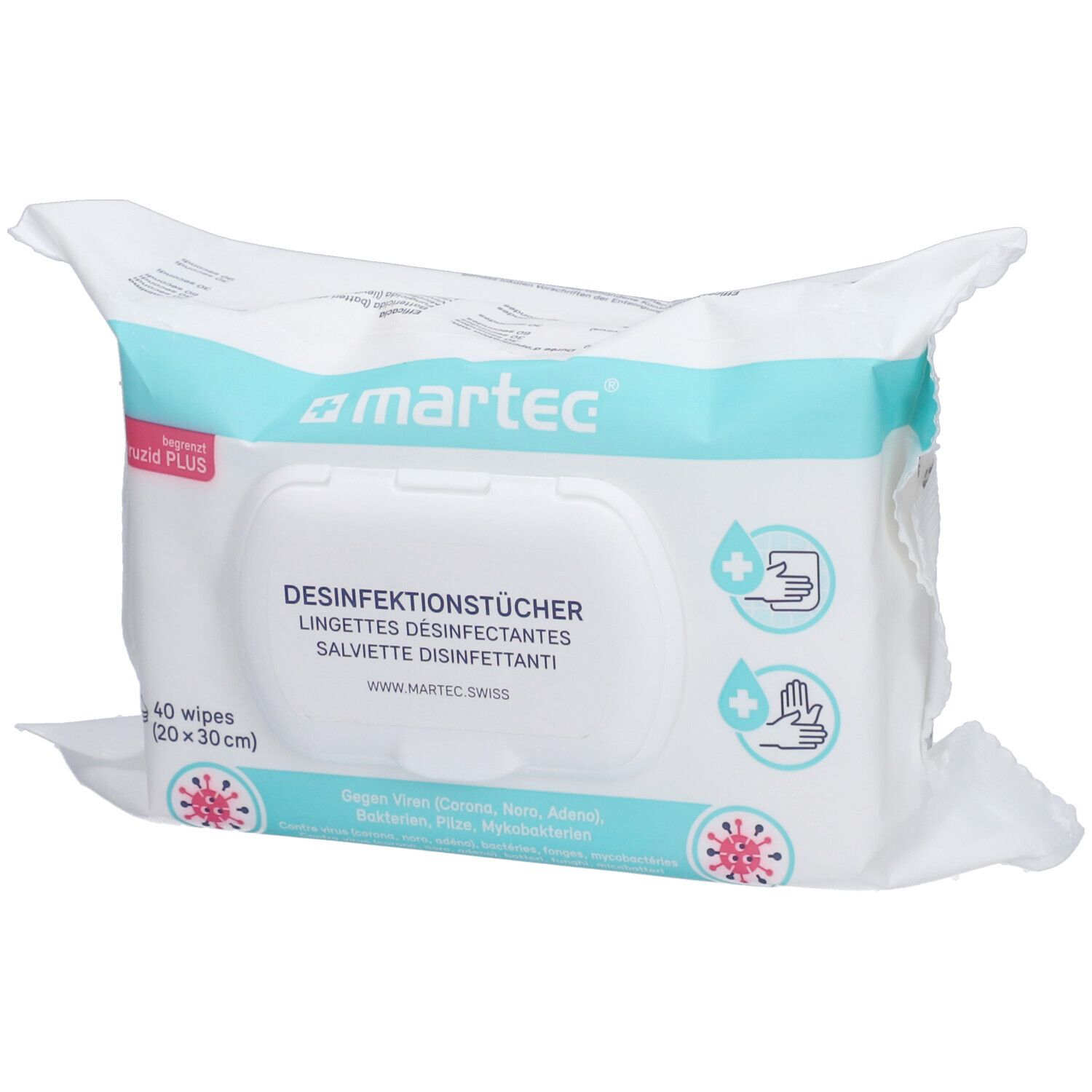 Packung Desinfektionstücher. Marke: martec. Enthält 40 Tücher (20x30cm). Aufdruck: Desinfektionstücher, viruzid PLUS.