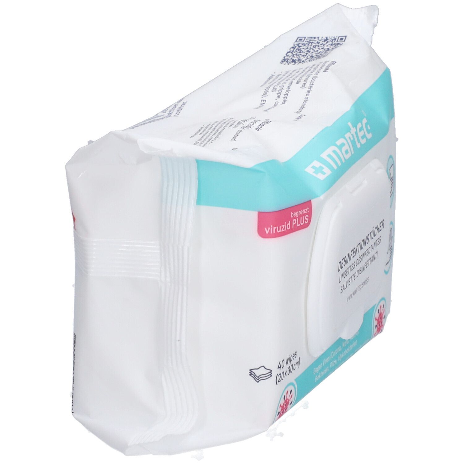 Packung Desinfektionstücher, schräg. Marke: martec. Enthält 40 Tücher (20x30cm). Aufdruck: Desinfektionstücher, viruzid PLUS.