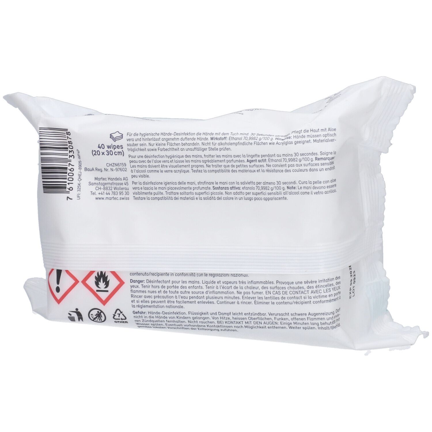 Rückseite der Packung Desinfektionstücher. Warnhinweise und Inhaltsstoffe. Enthält 40 Tücher (20x30cm).