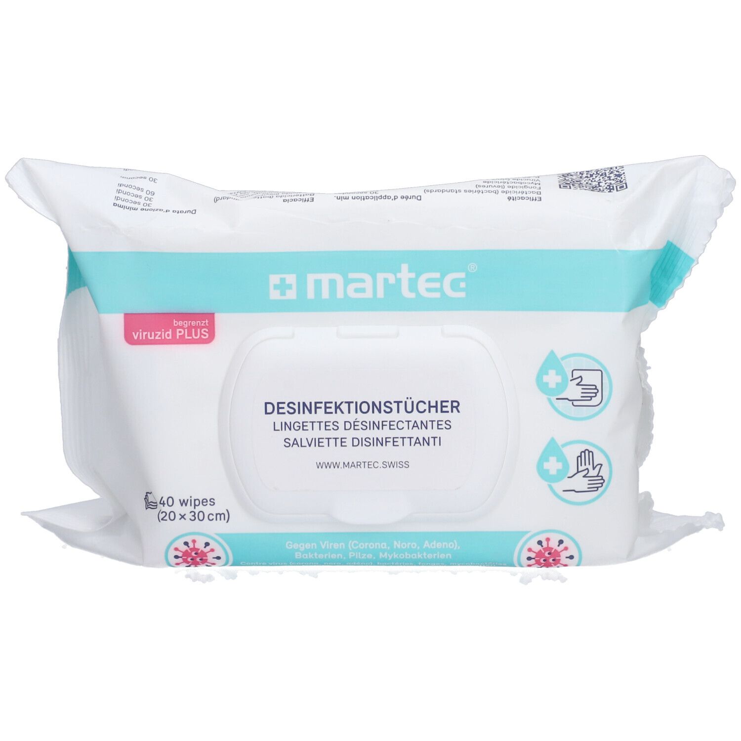 Packung Desinfektionstücher. Marke: martec. Enthält 40 Tücher (20x30cm). Aufdruck: Desinfektionstücher, viruzid PLUS.
