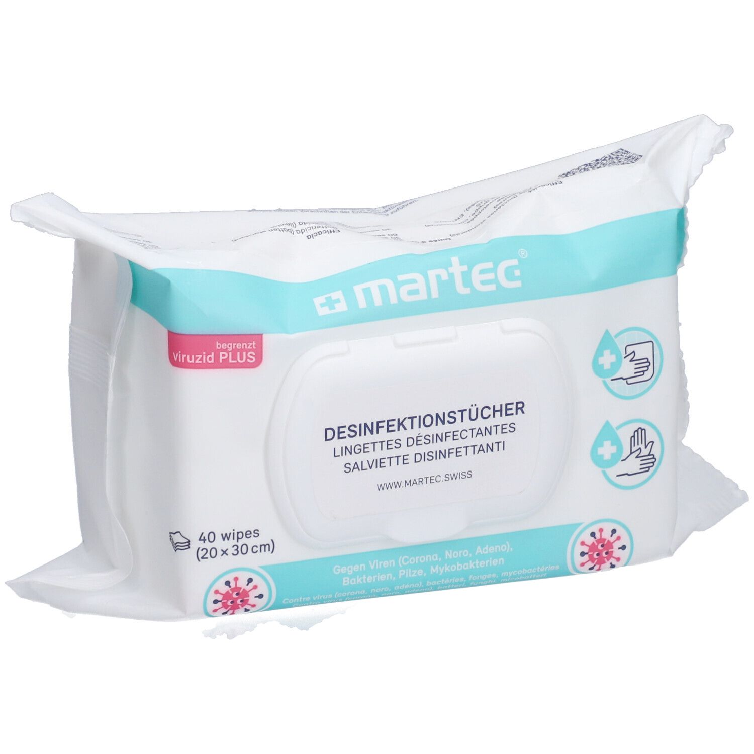 Packung Desinfektionstücher. Marke: martec. Enthält 40 Tücher (20x30cm). Aufdruck: Desinfektionstücher, viruzid PLUS.