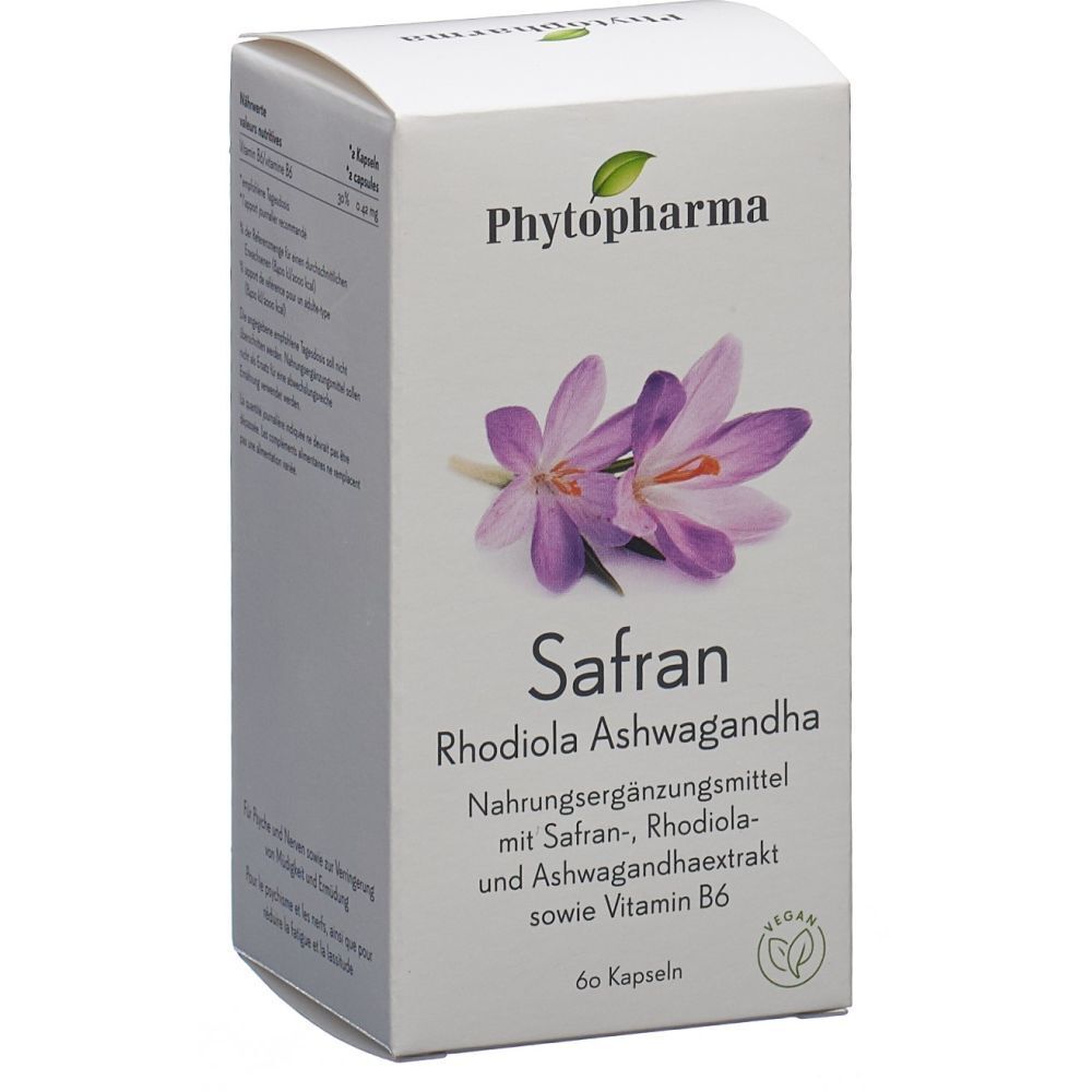 Weiße Schachtel mit Produktaufdruck. Aufdruck: Phytopharma, Safran, Rhodiola Ashwagandha, 60 Kapseln. Abbildung einer Blüte.