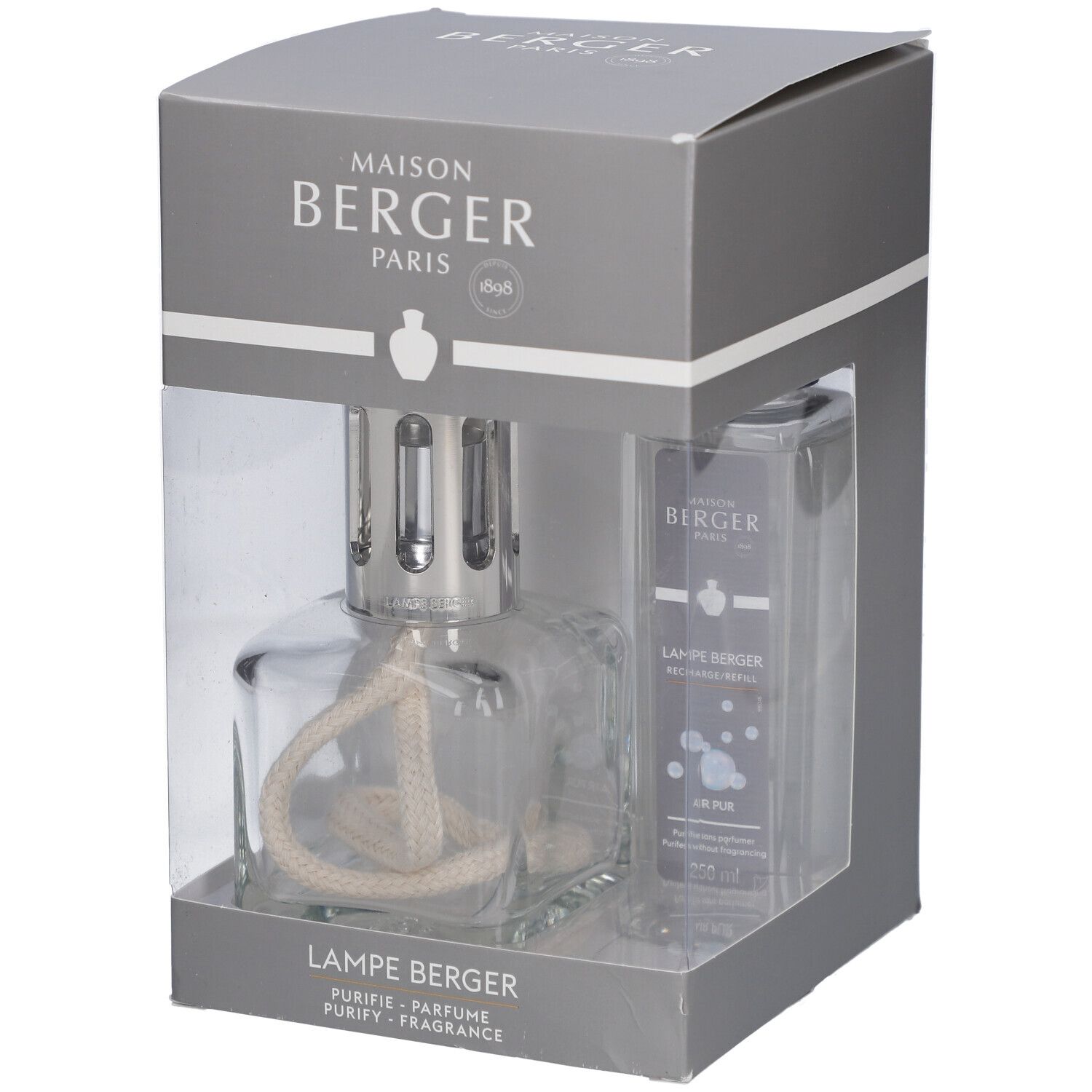 Graue Box mit Maison Berger Paris Set. Enthält eine Glaslampe und eine Flasche. Text: Lampe Berger, Purify, Parfum.