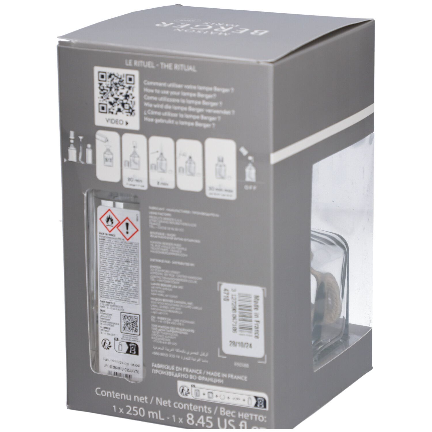 Rückseite der grauen Box. Enthält Informationen und Piktogramme. Text: Maison Berger, Le Rituel, Contenu net 250 ml.