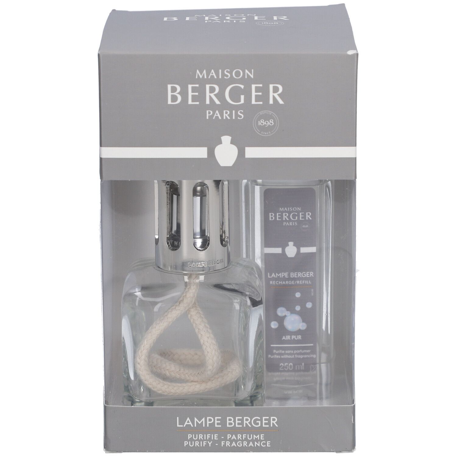 Graue Box mit Maison Berger Paris Set. Enthält eine Glaslampe und eine Flasche. Text: Maison Berger, Lampe Berger, Air Pur.
