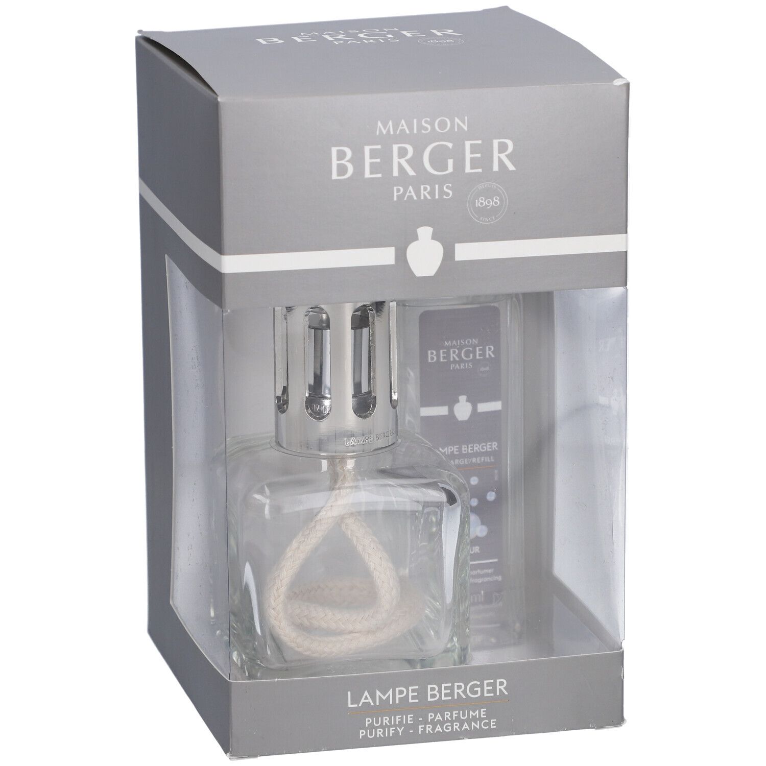 Graue Box mit Maison Berger Paris Set. Enthält eine Glaslampe und eine Flasche. Text: Maison Berger, Lampe Berger.