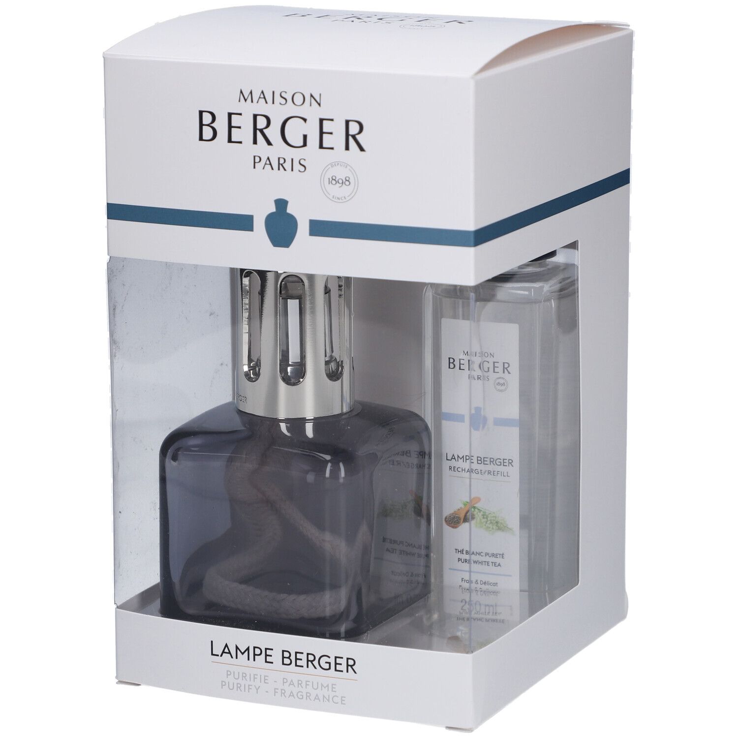 Set mit Duftlampe und Nachfüllflasche in Verpackung. Lampe grau, eckig, mit Docht. Flasche transparent.