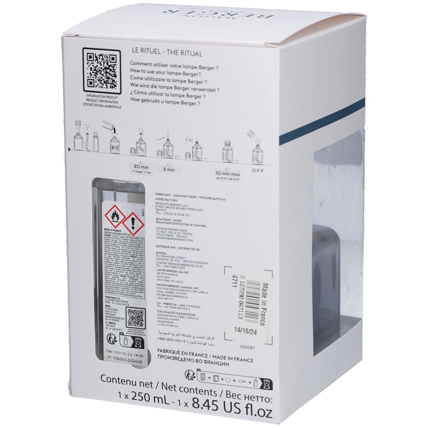 Verpackung mit Text und Piktogrammen. Enthält Informationen zur Anwendung und Inhaltsstoffe. Weiß mit Fenster.