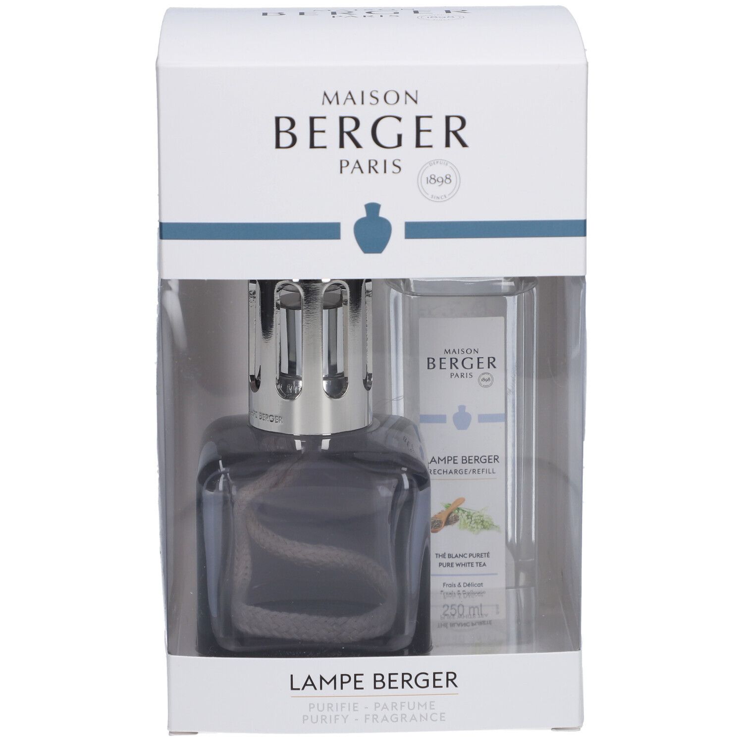 Set mit Duftlampe und Nachfüllflasche in Verpackung. Lampe grau, eckig, mit Docht. Flasche mit Text.