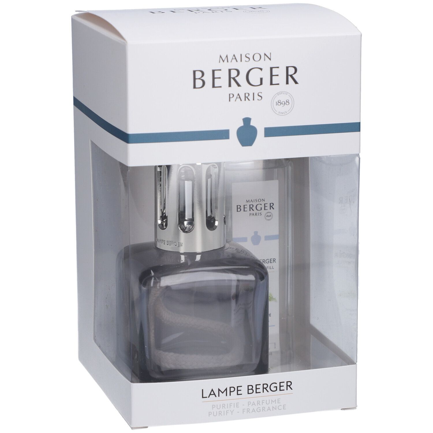 Set mit Duftlampe und Nachfüllflasche in Verpackung. Lampe grau, eckig, mit Docht. Flasche sichtbar.