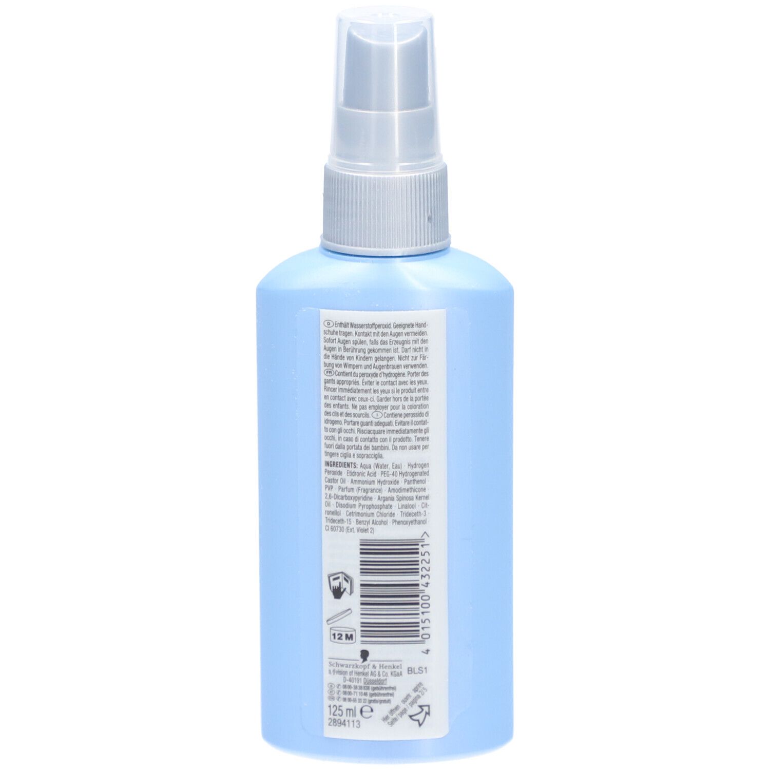 Flacon bleu clair, dos. Texte, code-barres et logo. Indication de volume : 125 ml.
