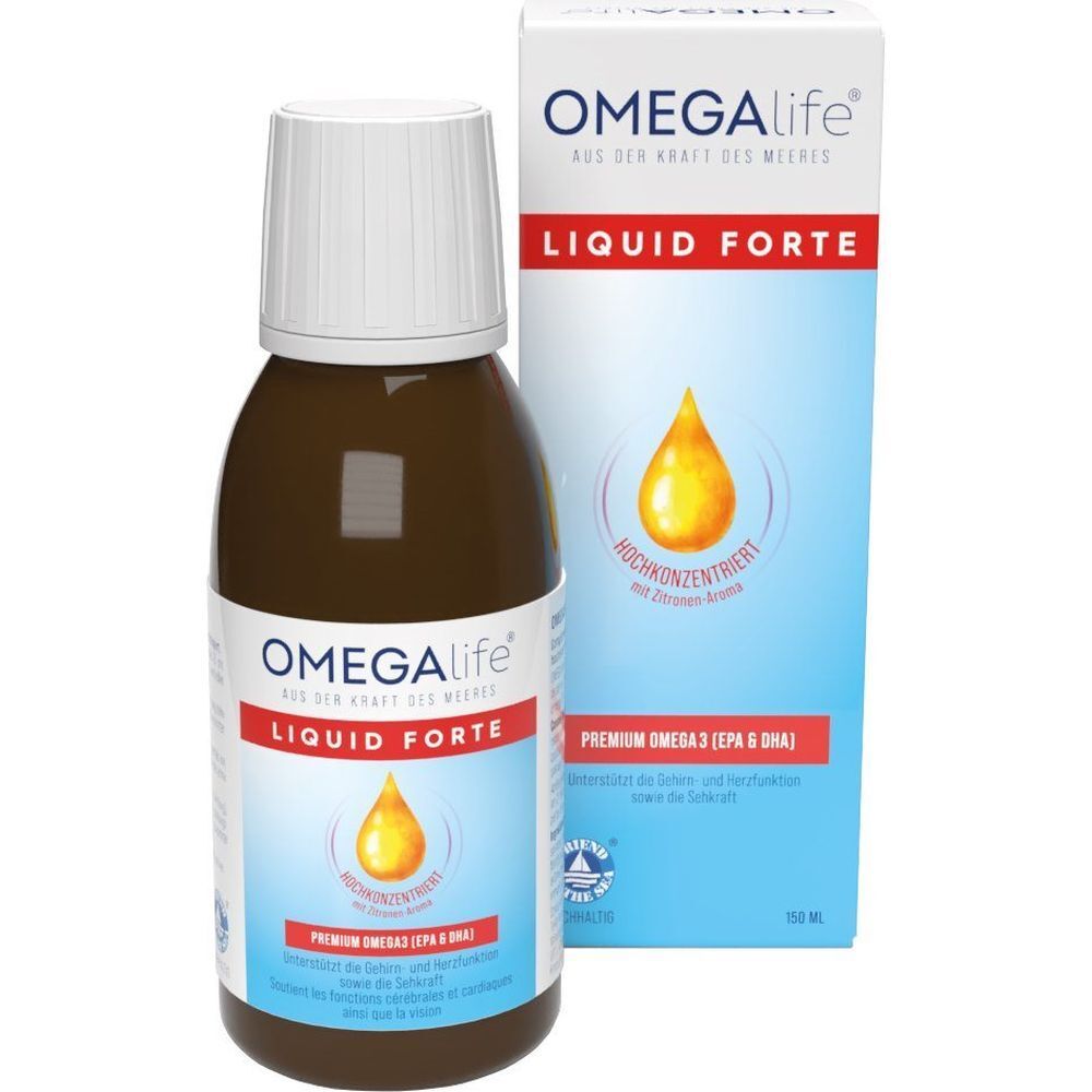Braune Flasche mit weißem Deckel und Etikett. OMEGA-LIFE® Flüssigkeit Forte. Mit Zitronenaroma. Premium Omega 3.