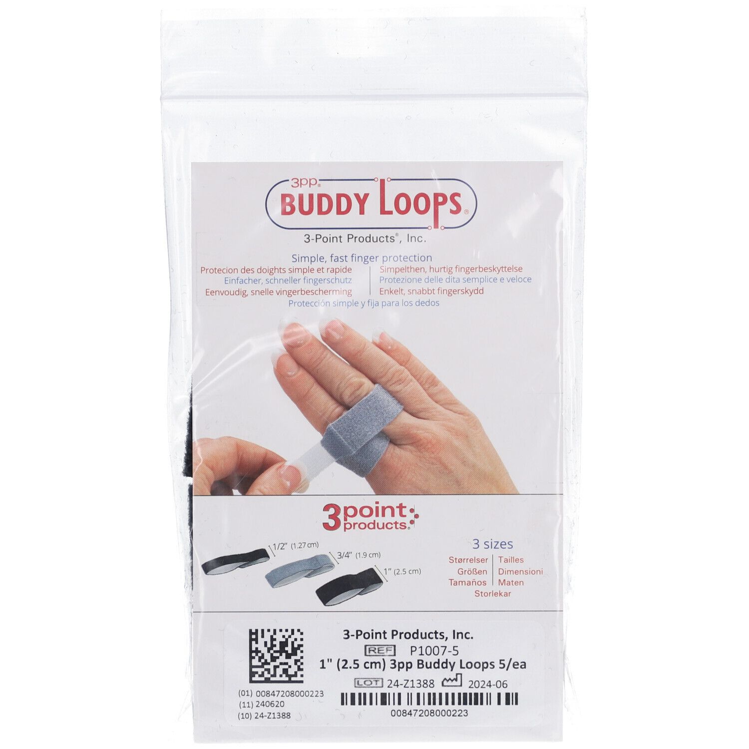 Emballage de bandages pour doigts. Inscription : 3PP Buddy Loops, bandage pour doigts, 2,5 cm de large. Main avec bandage.