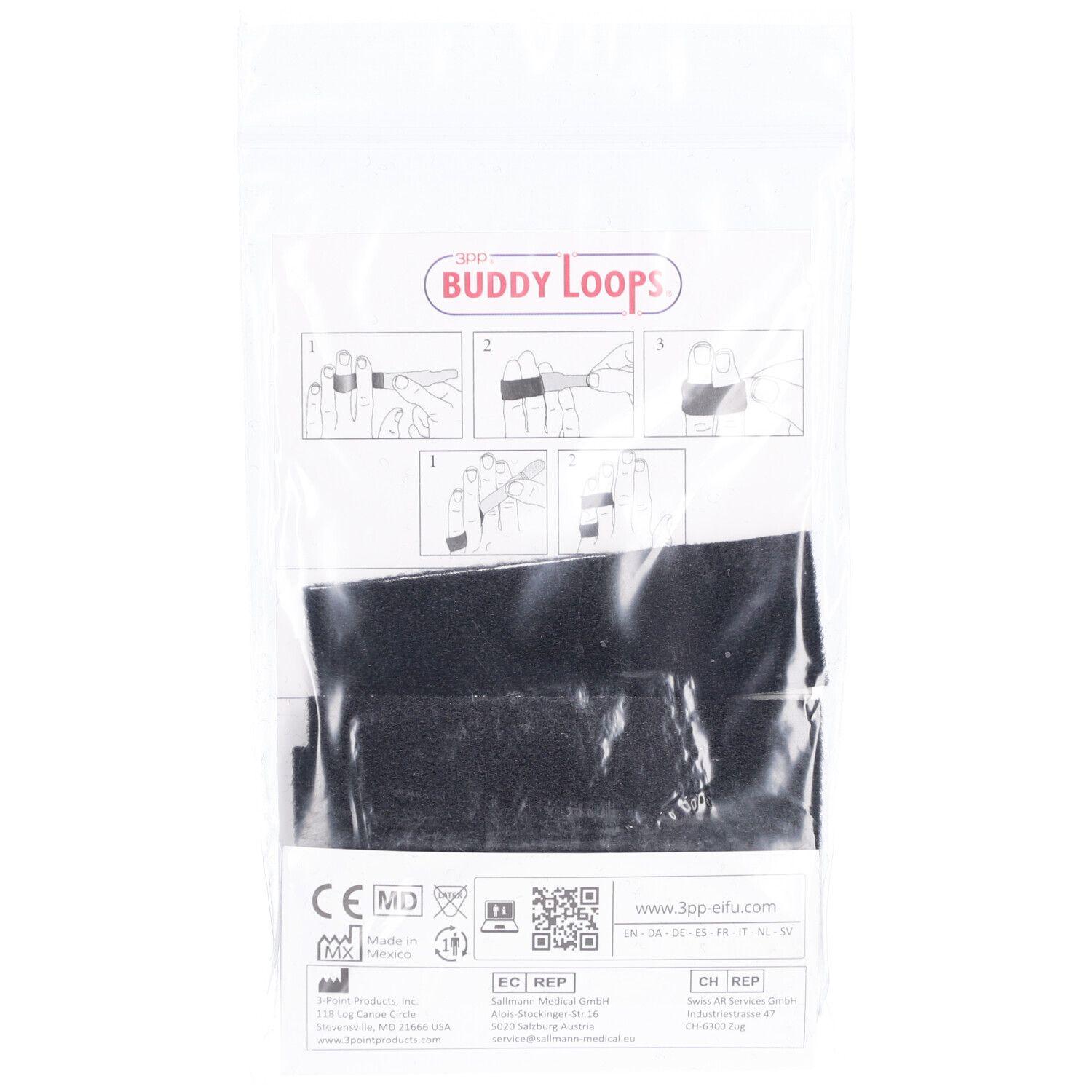 Emballage de bandages pour doigts. Inscription : 3PP Buddy Loops. Illustrations d'utilisation. Bandage noir visible.