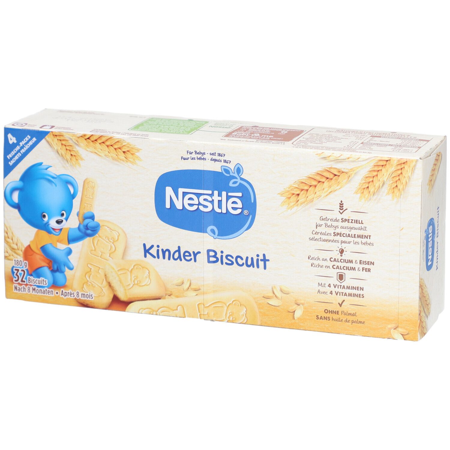 Verpackung von Nestlé Kinder Biscuit. Enthält 32 Kekse. Mit Bär-Illustration und Produktnamen.