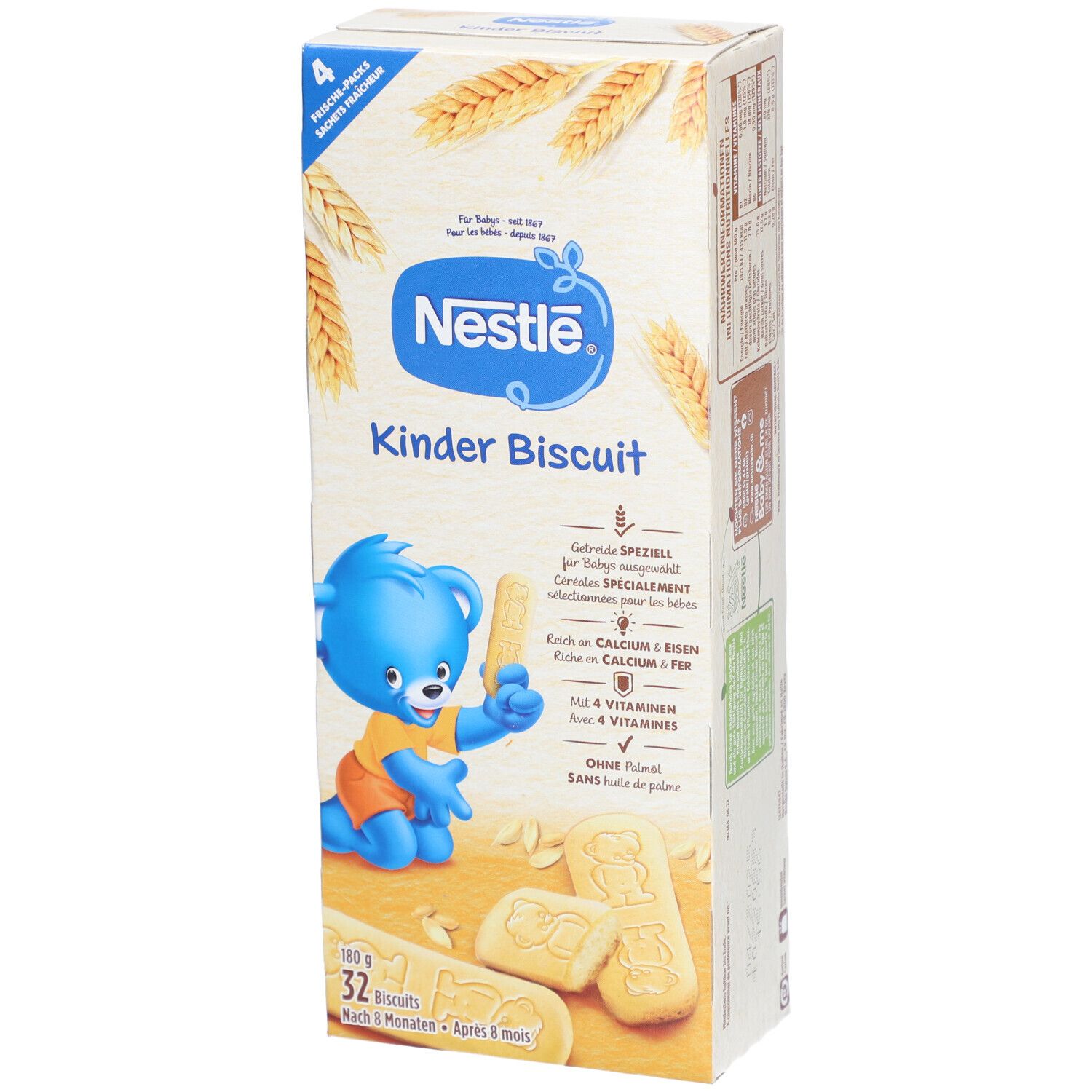 Nestlé Kinder Biscuit Verpackung. 32 Kekse, Bär-Illustration und Produktname. Enthält Vitamine.