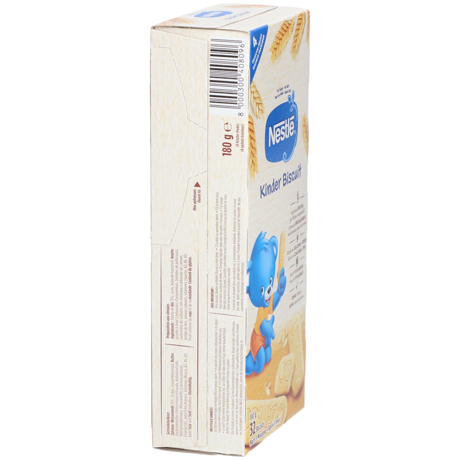 Seitenansicht der Nestlé Kinder Biscuit Verpackung. Produktname und Barcode sichtbar.