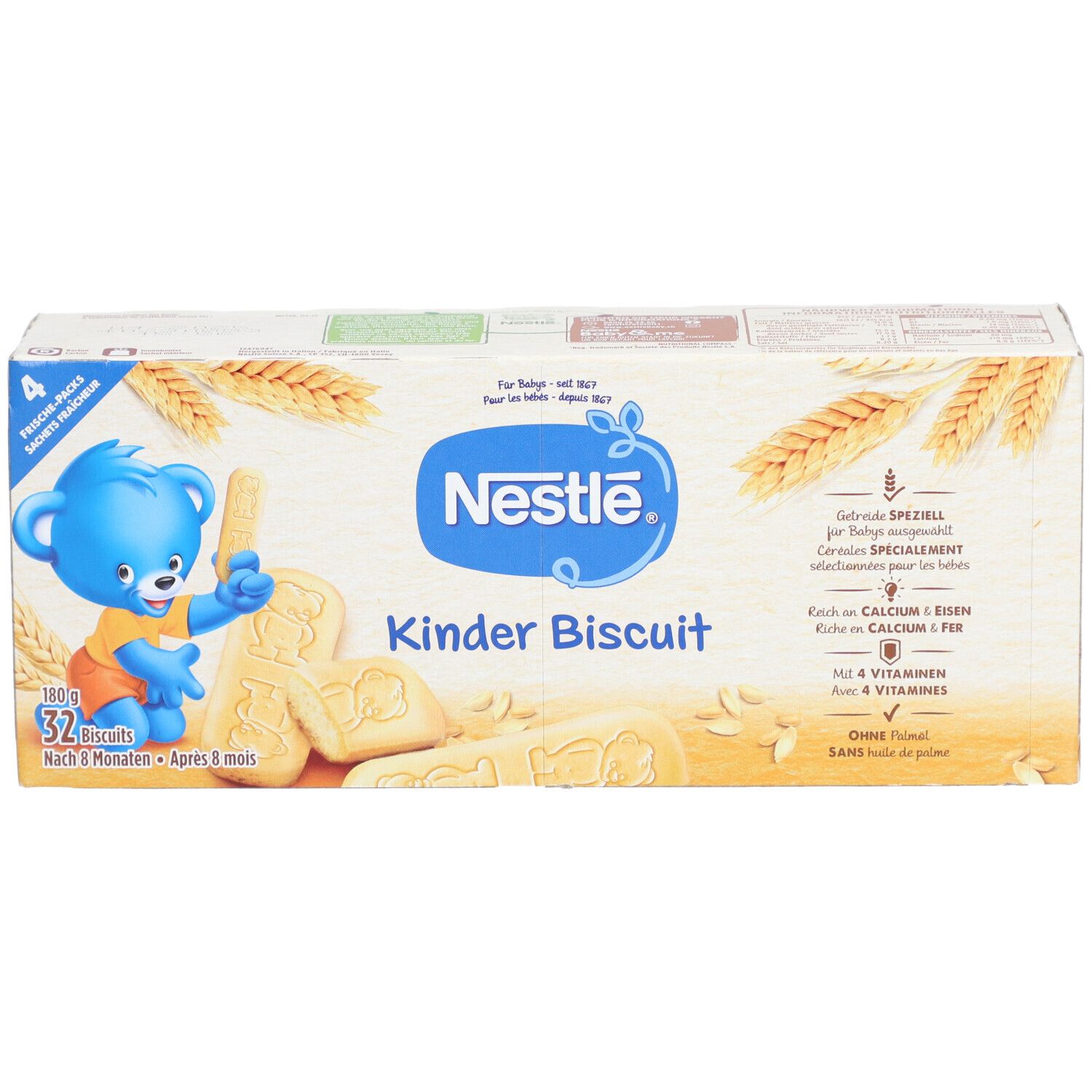 Nestlé Kinder Biscuit Verpackung. 32 Kekse, Bär-Illustration und Produktname. Enthält Vitamine.
