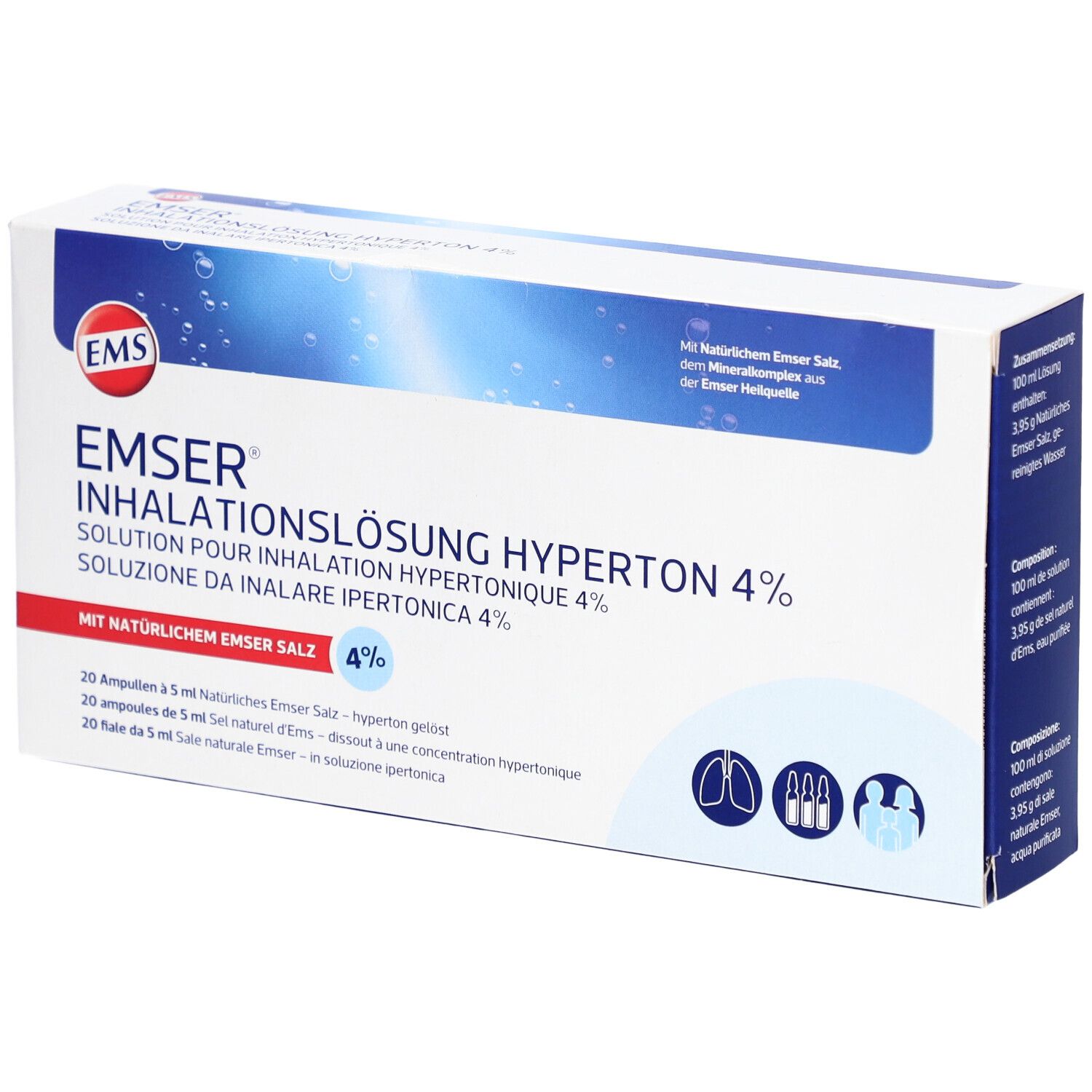 Verpackung von Emser Inhalationslösung 4 % hyperton. Blaue und weiße Schachtel mit Produktnamen und Logo.