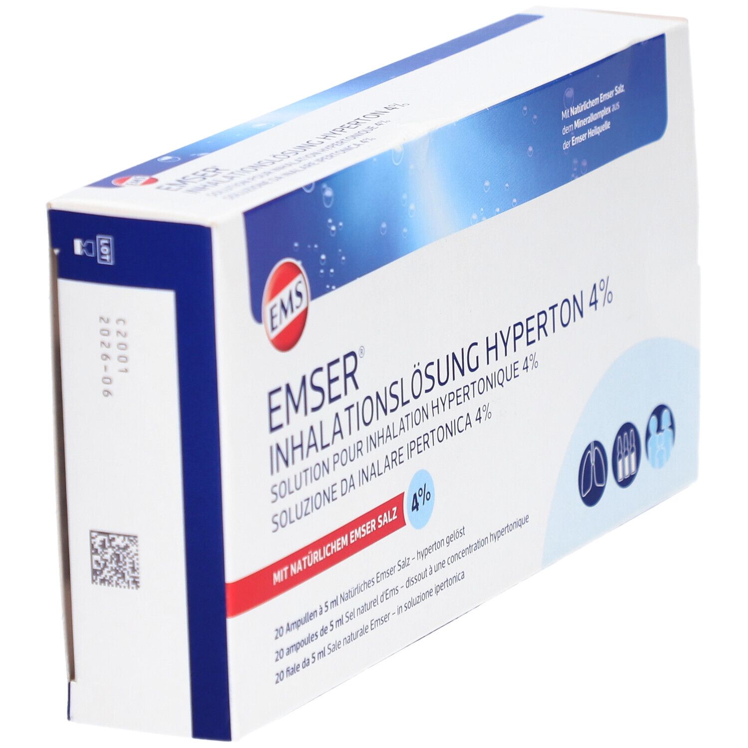 Schachtel Emser Inhalationslösung 4 % hyperton, schräg. Produktname, Logo und blaue Akzente auf weißem Hintergrund.