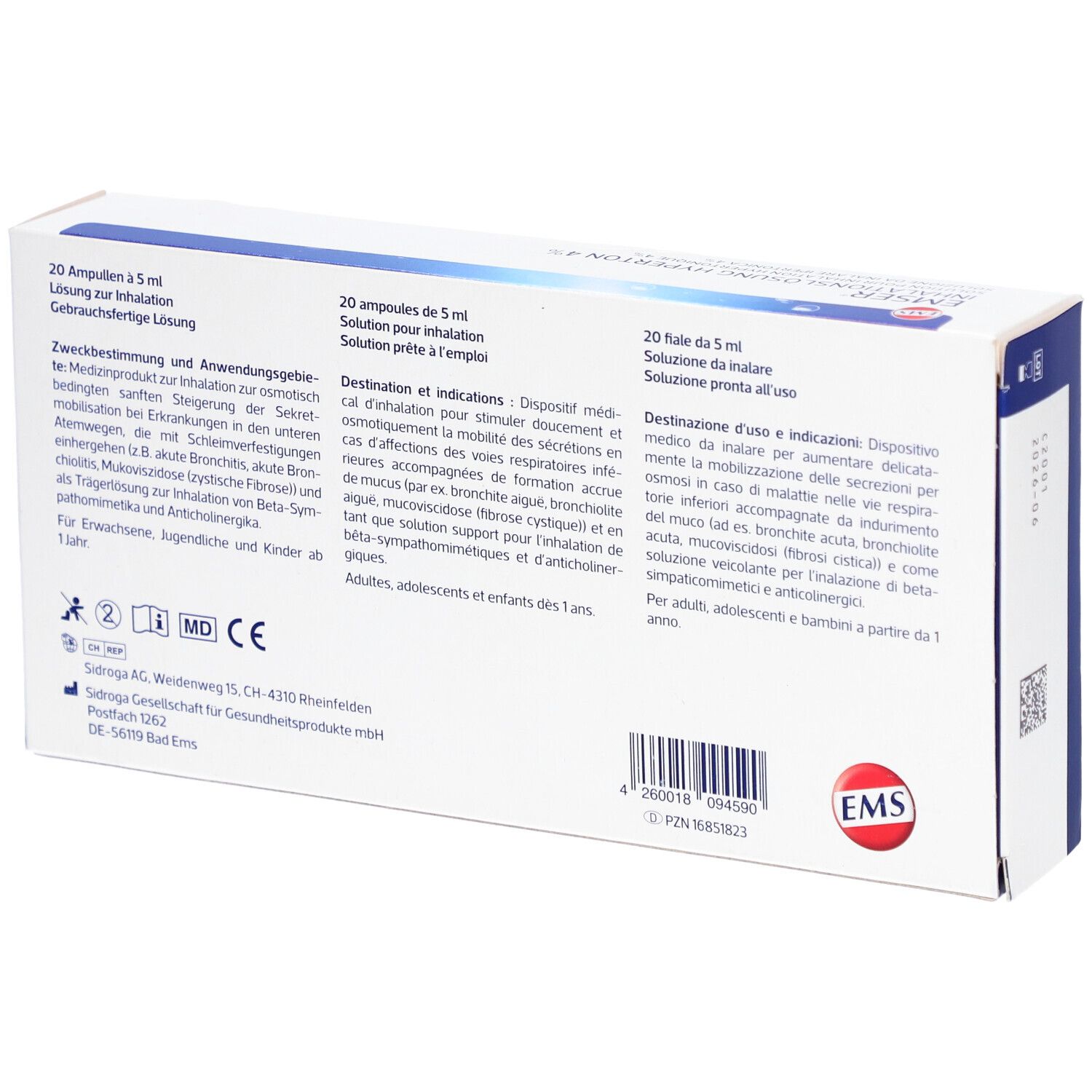 Rückseite der Emser Inhalationslösung 4 % hyperton Verpackung. Text in mehreren Sprachen, Logo und Informationen.