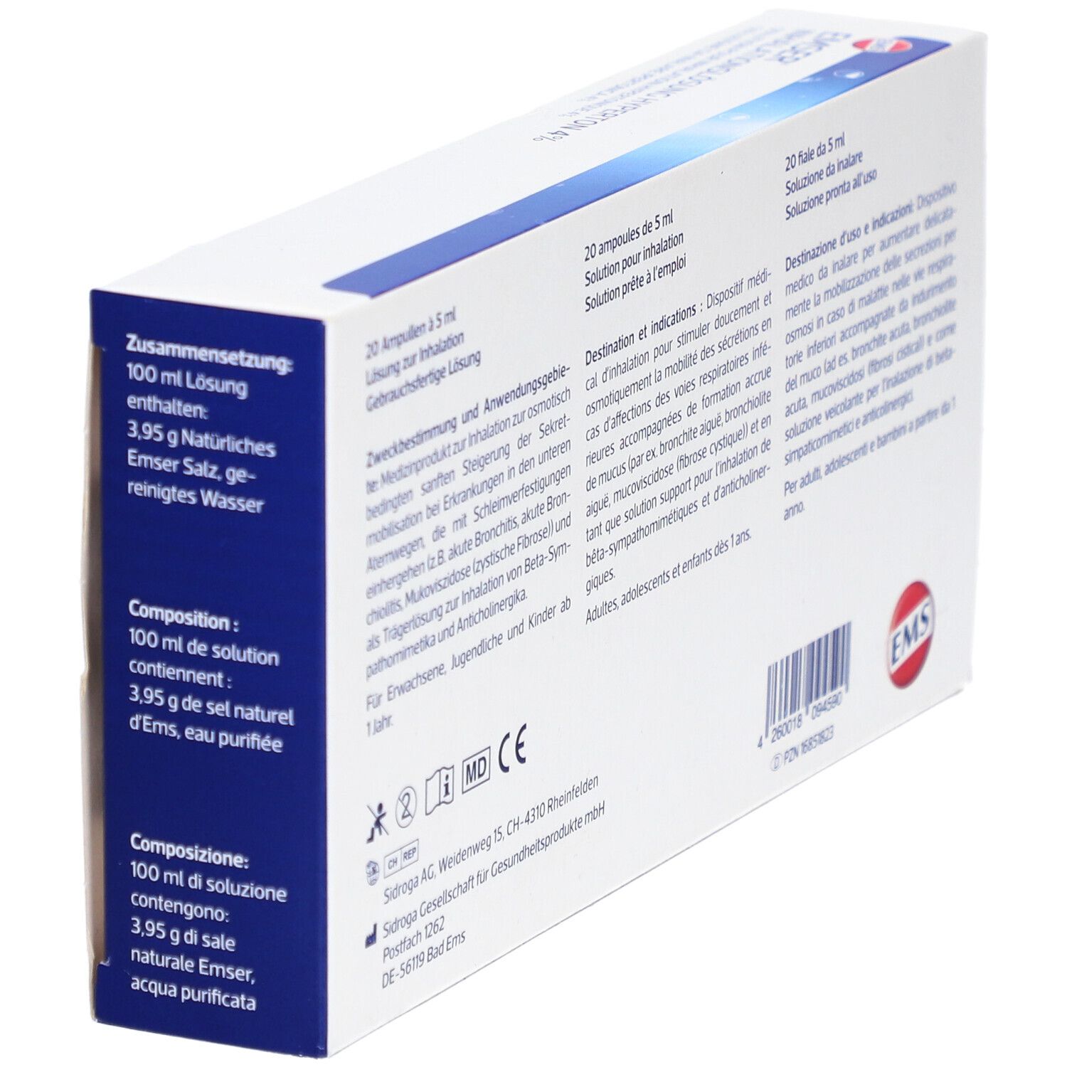 Rückseite der Emser Inhalationslösung 4 % hyperton Verpackung. Text in mehreren Sprachen, Logo und Informationen.
