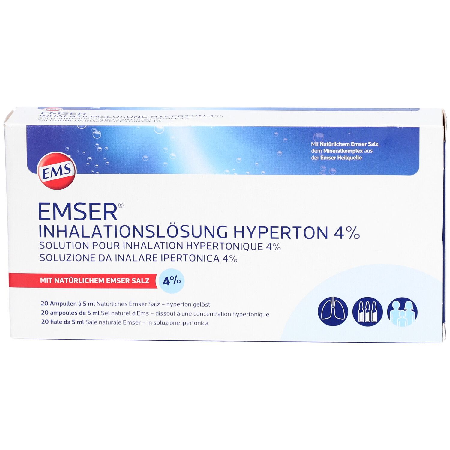 Vorderseite der Emser Inhalationslösung 4 % hyperton Verpackung. Produktname, Logo und blaue Akzente.