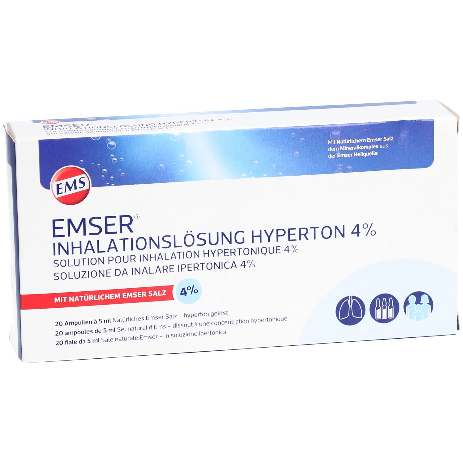 Vorderseite der Emser Inhalationslösung 4 % hyperton Verpackung. Produktname, Logo und blaue Akzente.