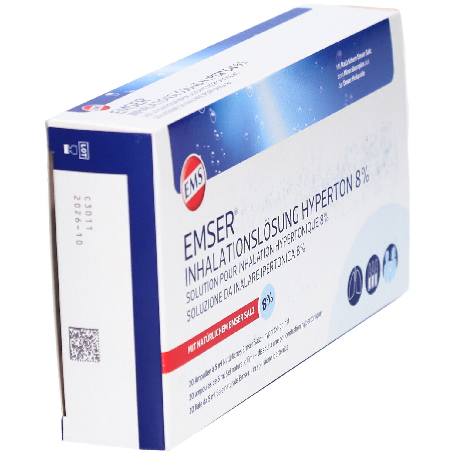 Schrägansicht der Verpackung von Emser Inhalationslösung hyperton 8%. Aufdrucke in Deutsch, Französisch und Italienisch.