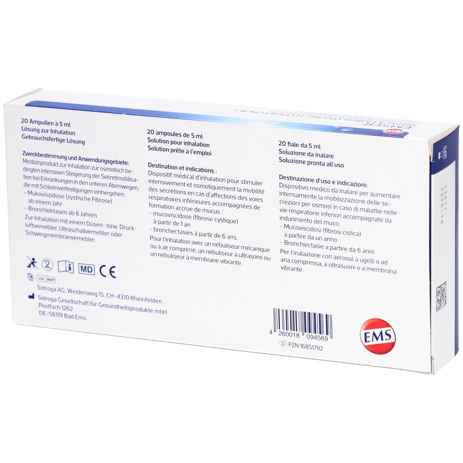 Rückseite der Verpackung von Emser Inhalationslösung hyperton 8%. Informationen zu Anwendung und Inhaltsstoffen.