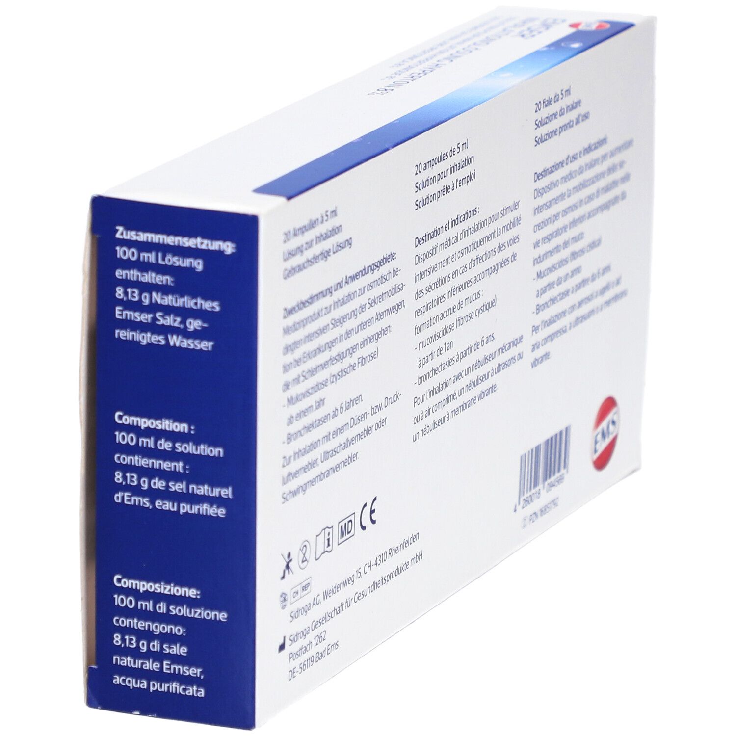 Seitenansicht der Verpackung von Emser Inhalationslösung hyperton 8%. Informationen zu Inhaltsstoffen und Zusammensetzung.